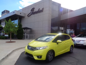 The 2015 Honda Fit, in mystic yellow, shone brightly at Shanahan’s Steakhouse. (Bud Wells photos)