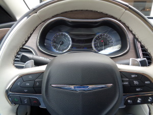 A peek through the Chrysler 200C steering wheel.