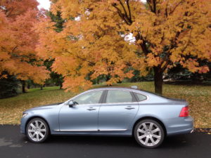The new Volvo S90 is the star in a blue-and-gold setting. (Bud Wells photo)